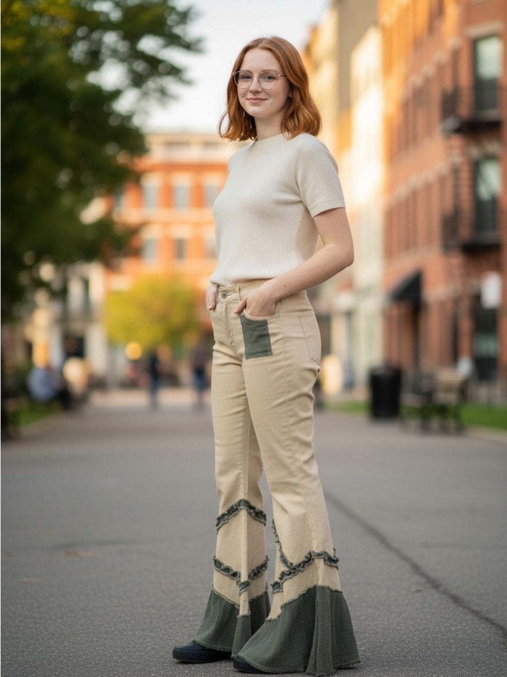 POL Clothing Ruffle Flare Pants Size L Cream Olive Boho Patchwork UWP124